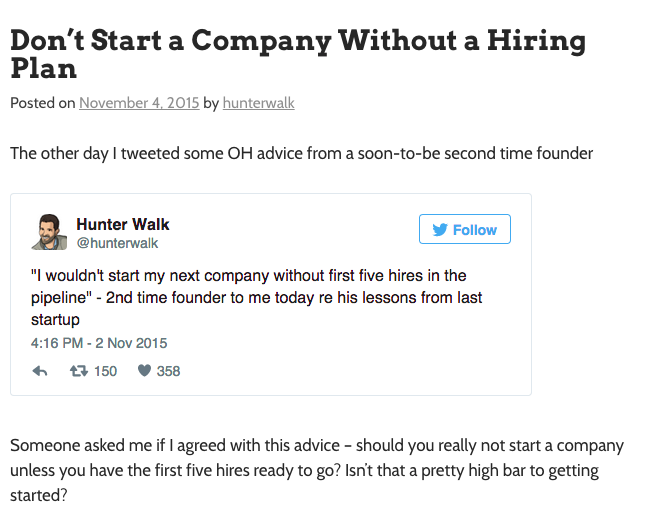 Hunter Walk's website is a great example of a VC blog that provides value