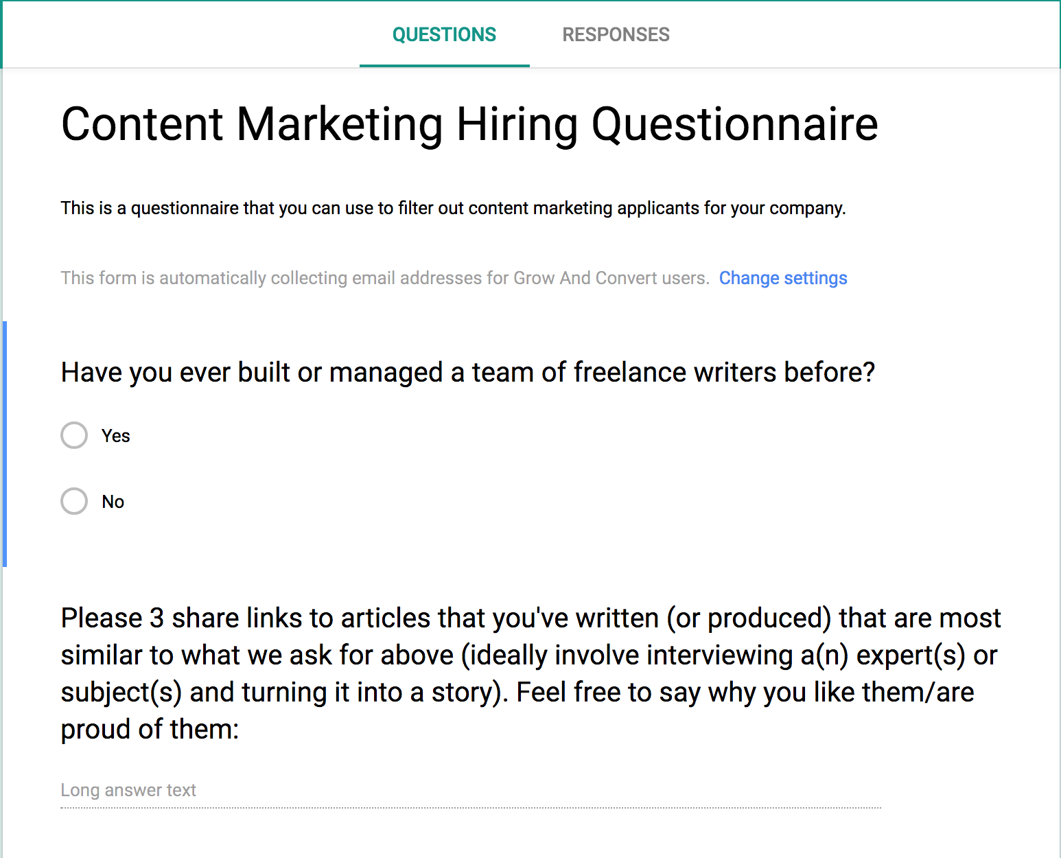 content marketing hiring questionnaire
