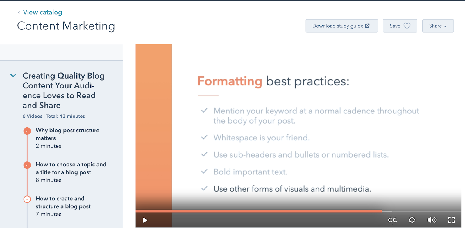 Hubspot's content marketing course formatting