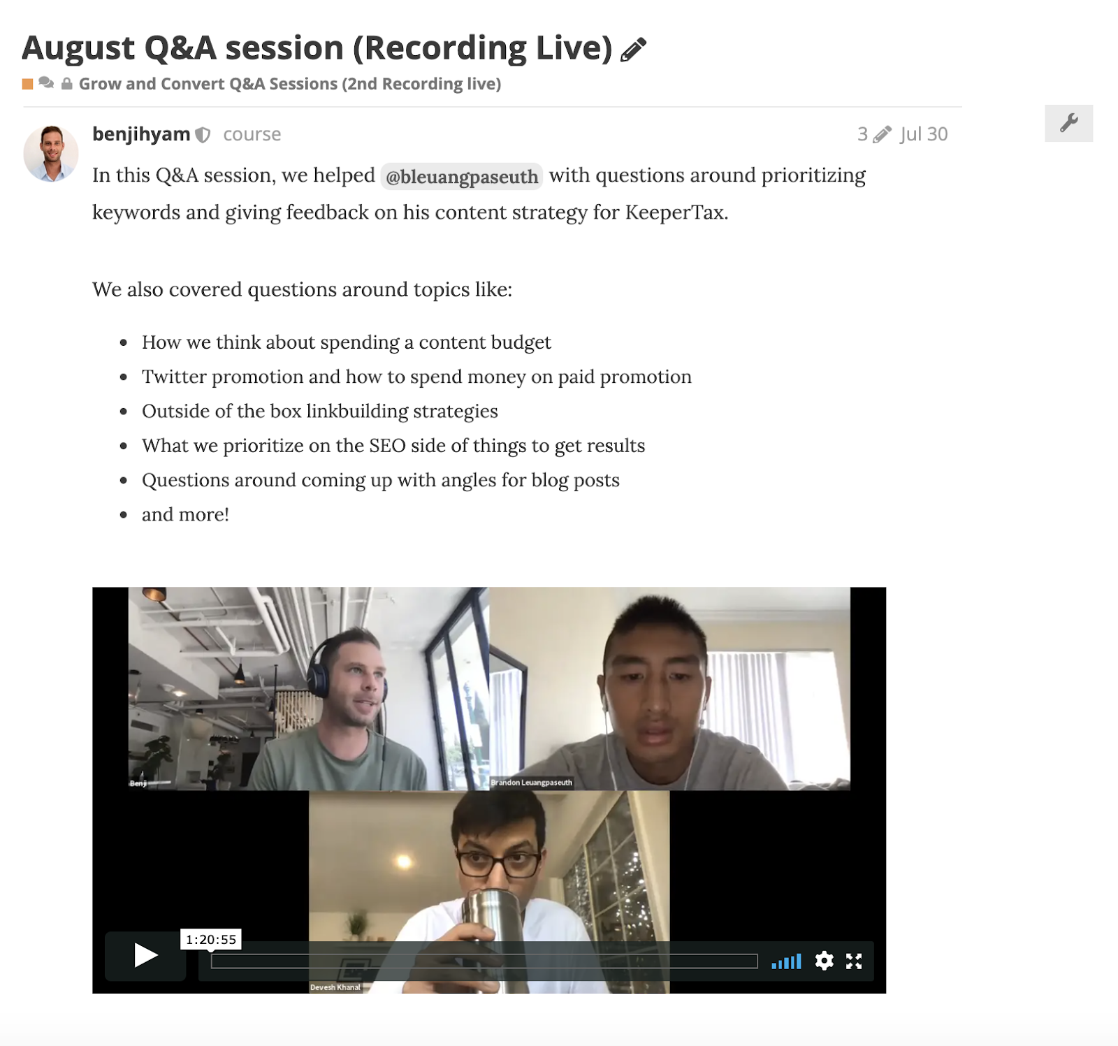 grow and convert content marketing course live QA