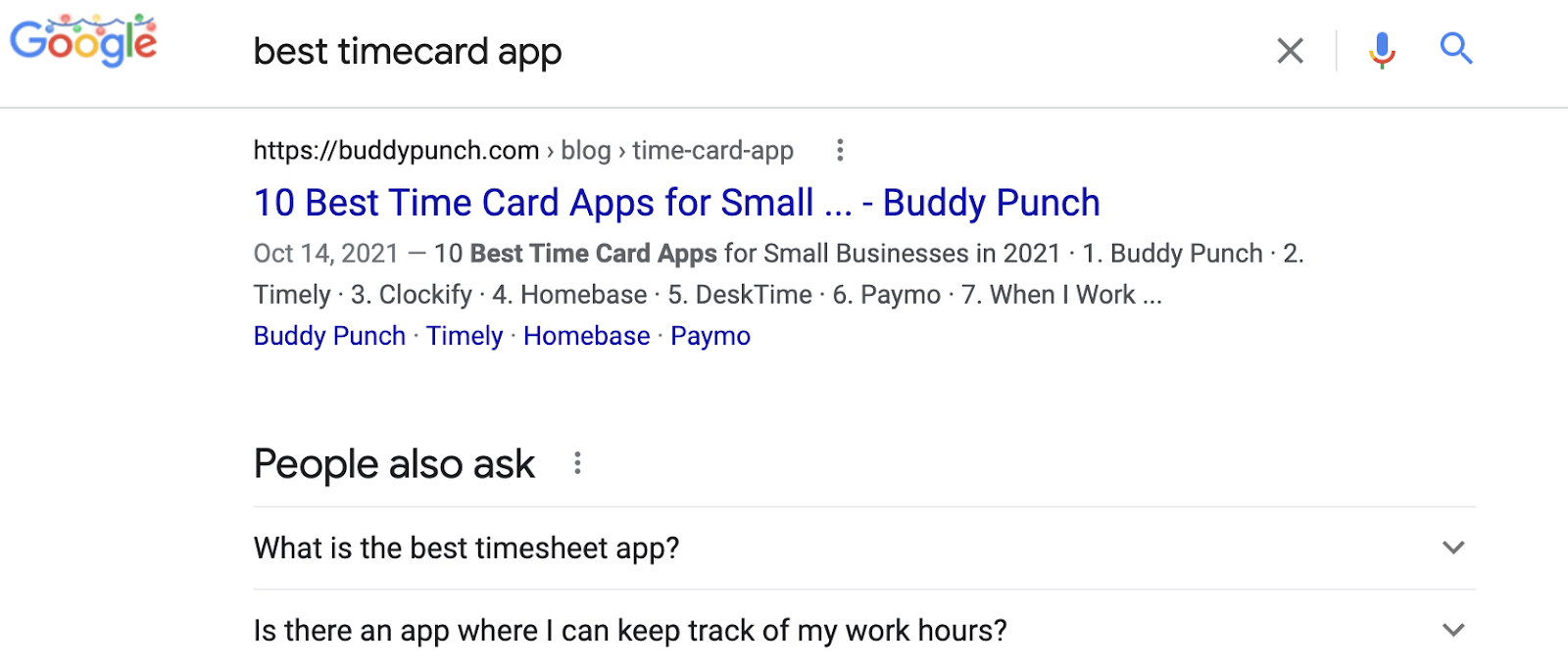 Google search result position #1 for "best timecard app".