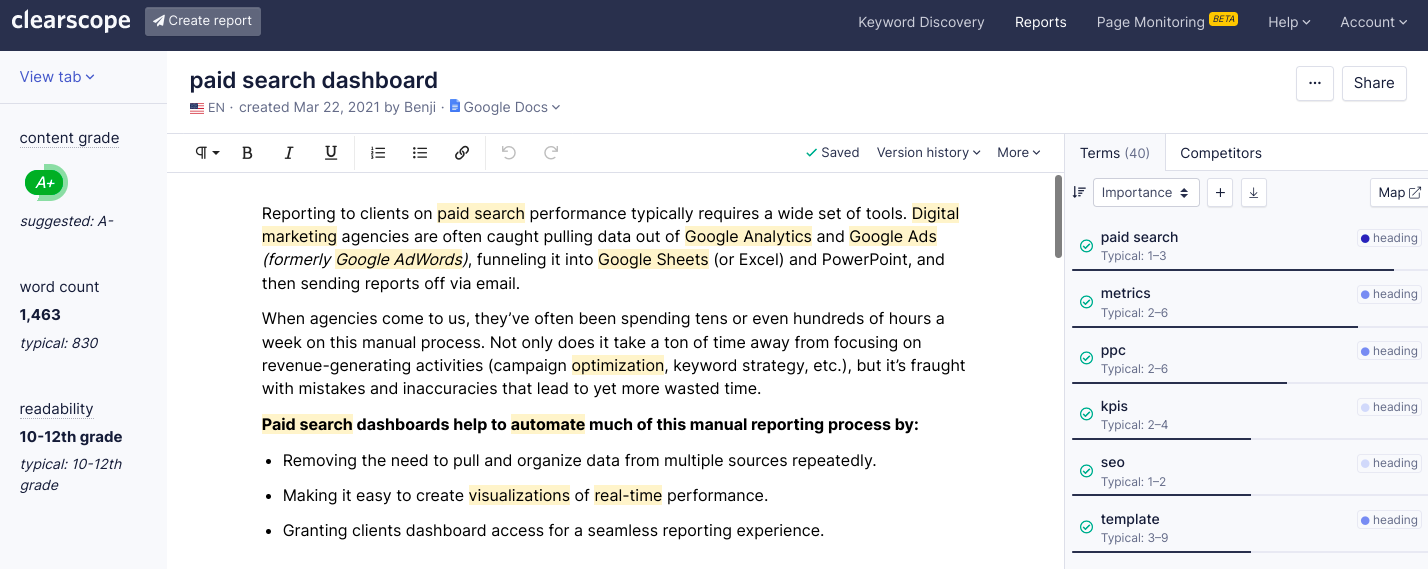 Clearscope keyword grade: A+ for "paid search dashboard".