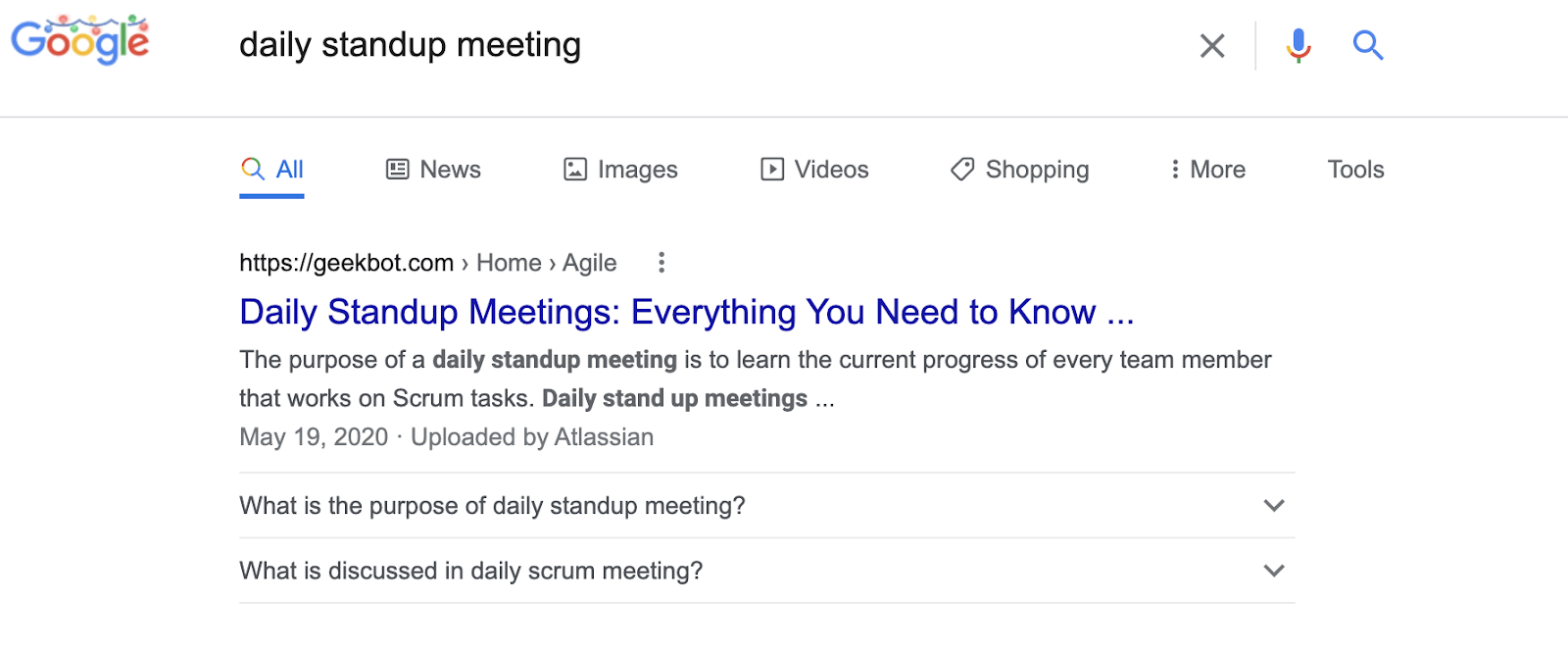 Google search result position #1 for "daily standup meeting".
