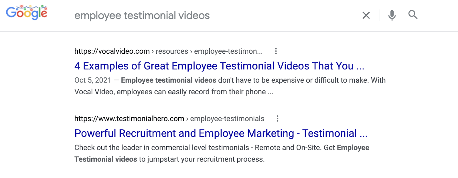 Google search result position #1 for "employee testimonial videos".