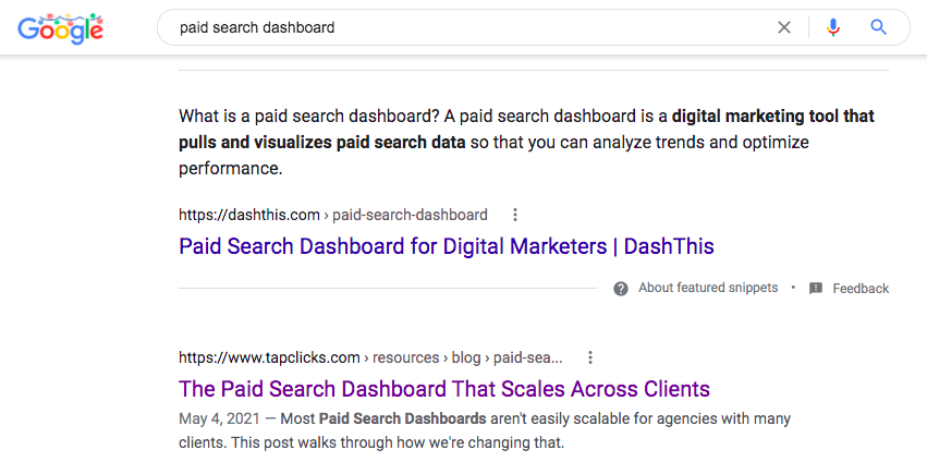 Google Search Results for "paid search dashboard"