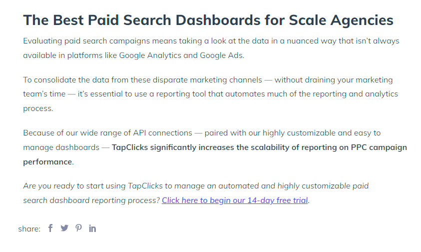 TapClicks blog example: Pain points, positioning, and call-to-action.