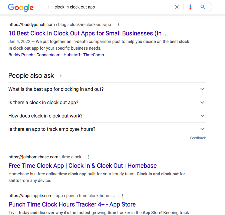 Clock In Clock Out App SERPs in Google