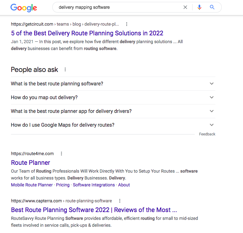 Delivery Mapping Software SERPs in Google