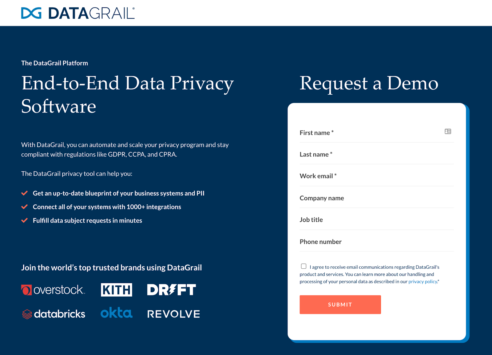 DataGrail homepage: End-to-End Data Privacy Software