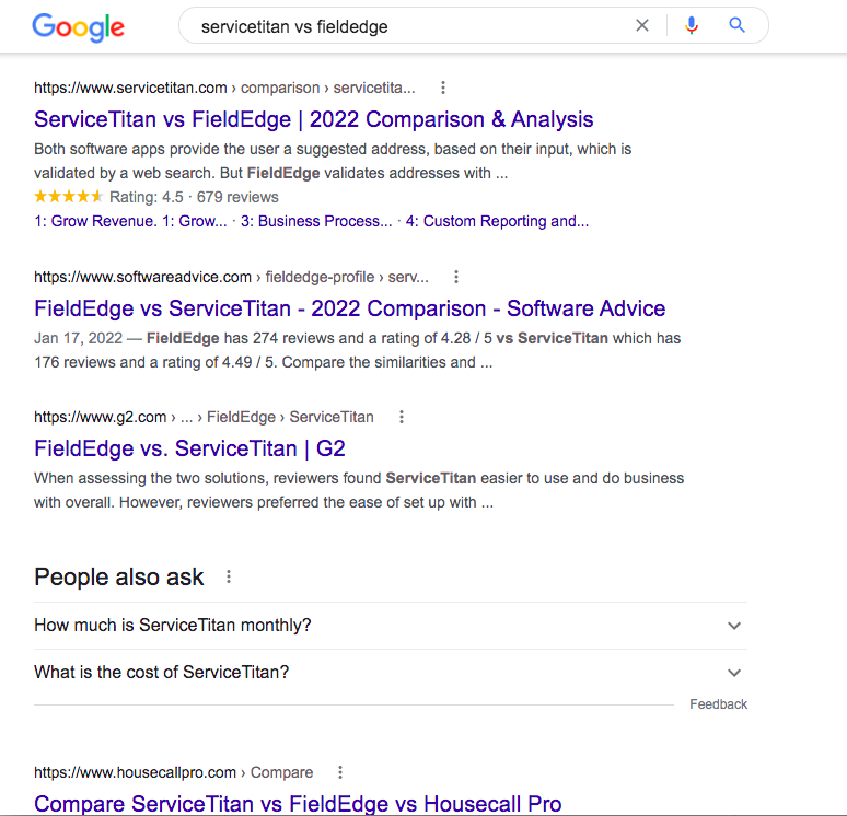 ServiceTitan vs FieldEdge SERPs in Google