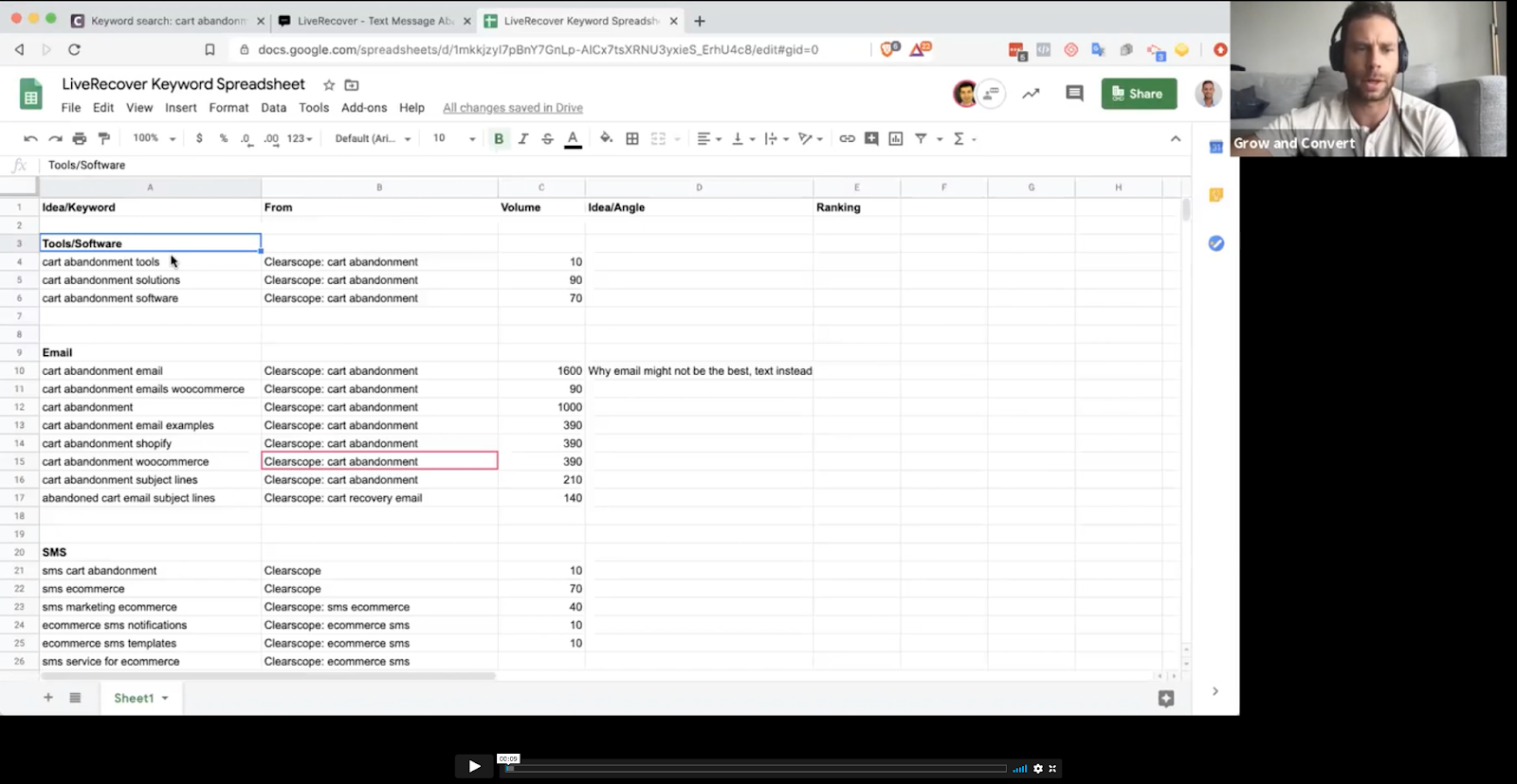 Creating a spreadsheet covering important keywords with LiveRecover