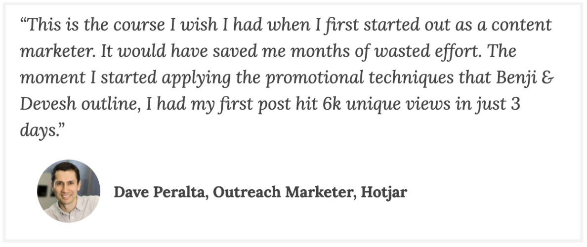 G&C B2B Content Marketing Course Testimonial example from Dave Peralta of Hotjar