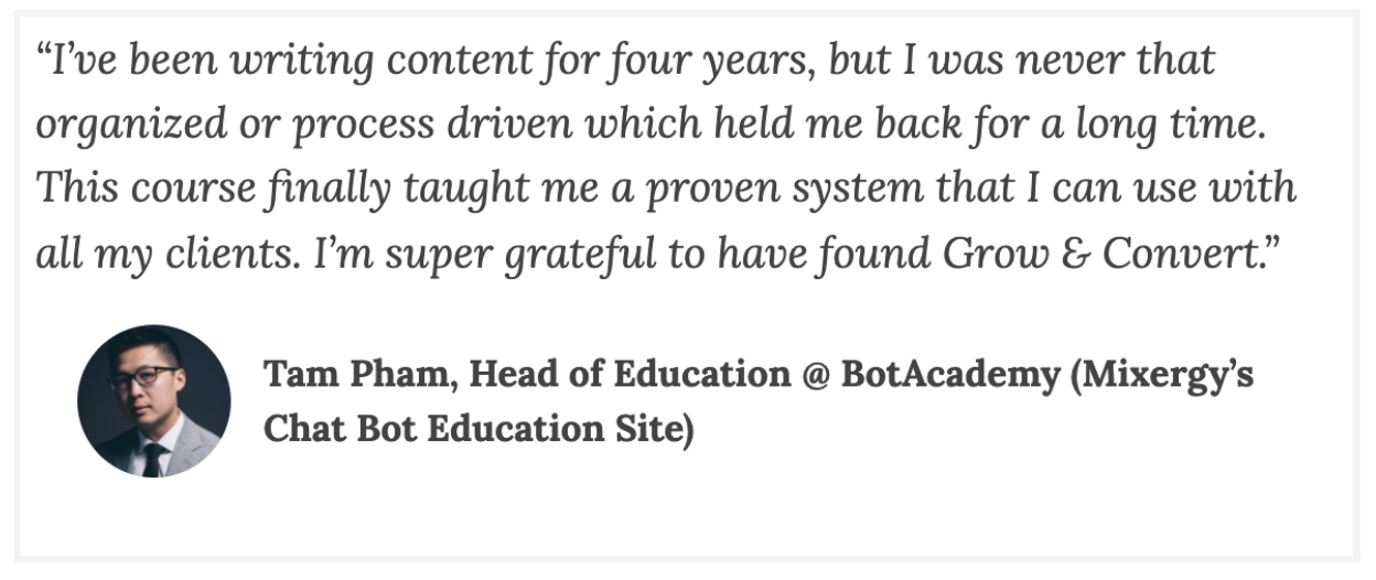 G&C B2B Content Marketing Course Testimonial example from Tam Pham of BotAcademy