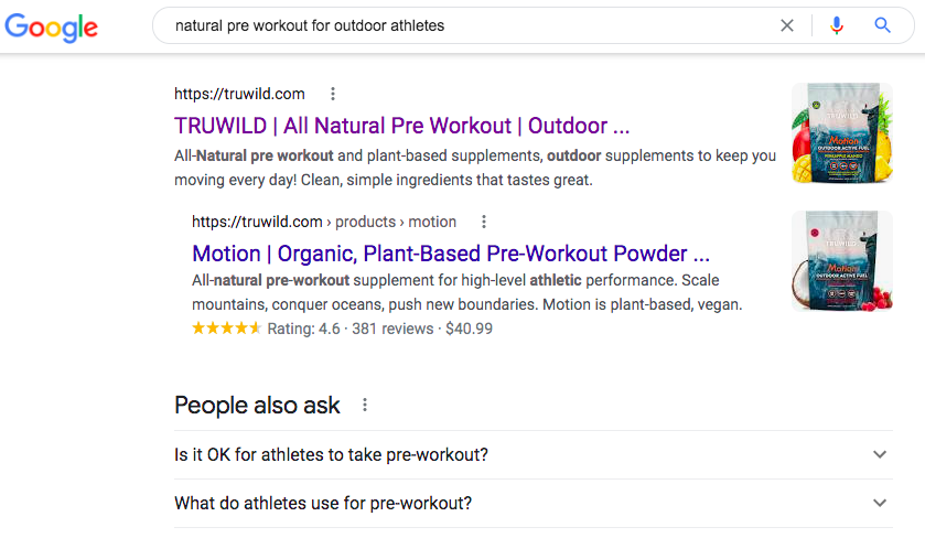 An example of the SERPS for "natural pre workout for outdoor athletes".