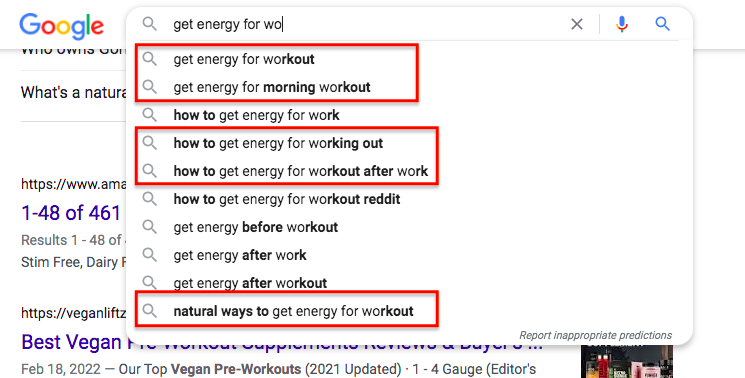 Google SERPS: Get energy for workout