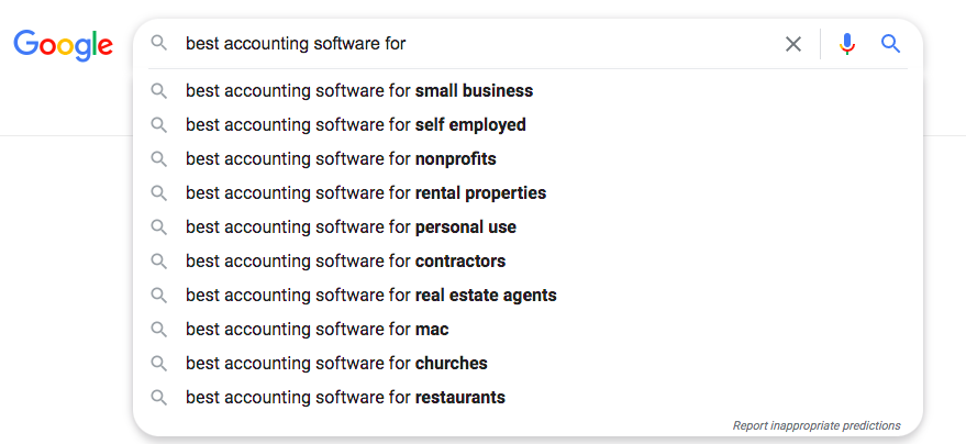 Google Suggested Search Results for "best accounting software for..."