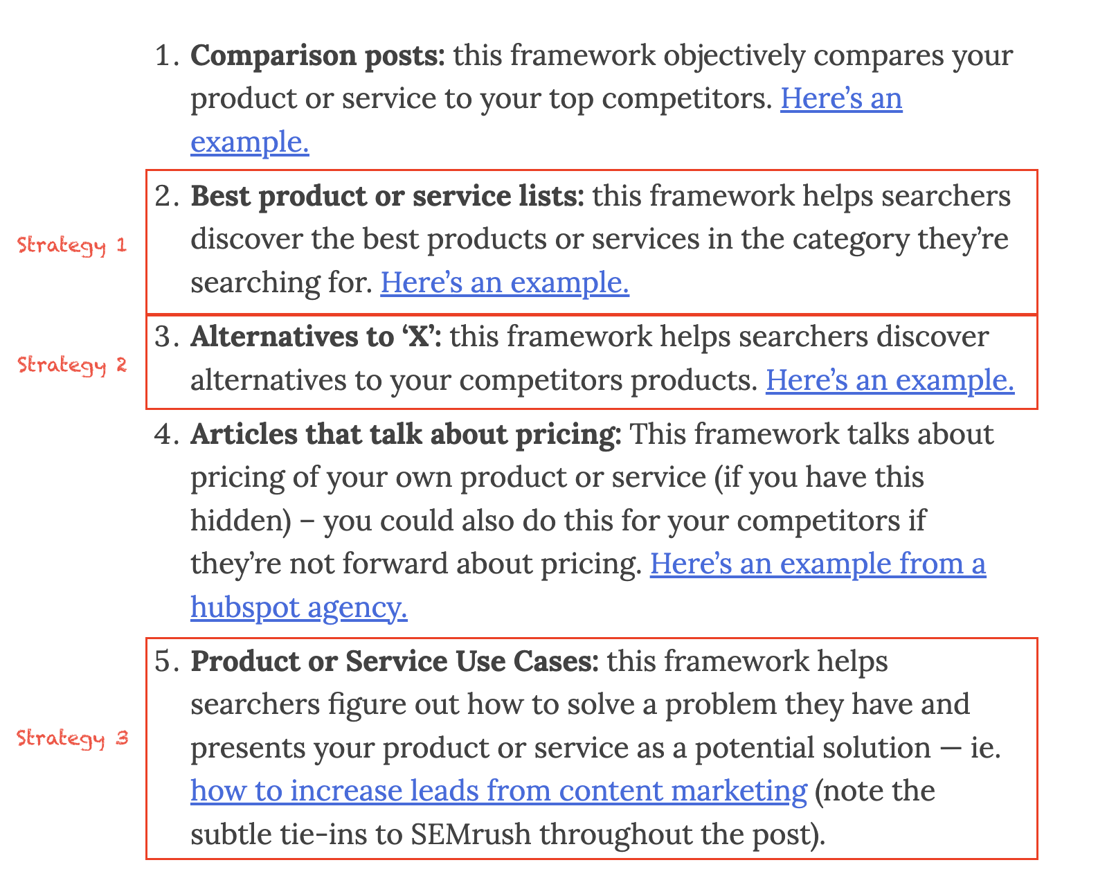 Strategy 1: Best Product or Service Lists; Strategy 2: Alternatives to 'X'; Strategy 3: Product or Service Use Cases