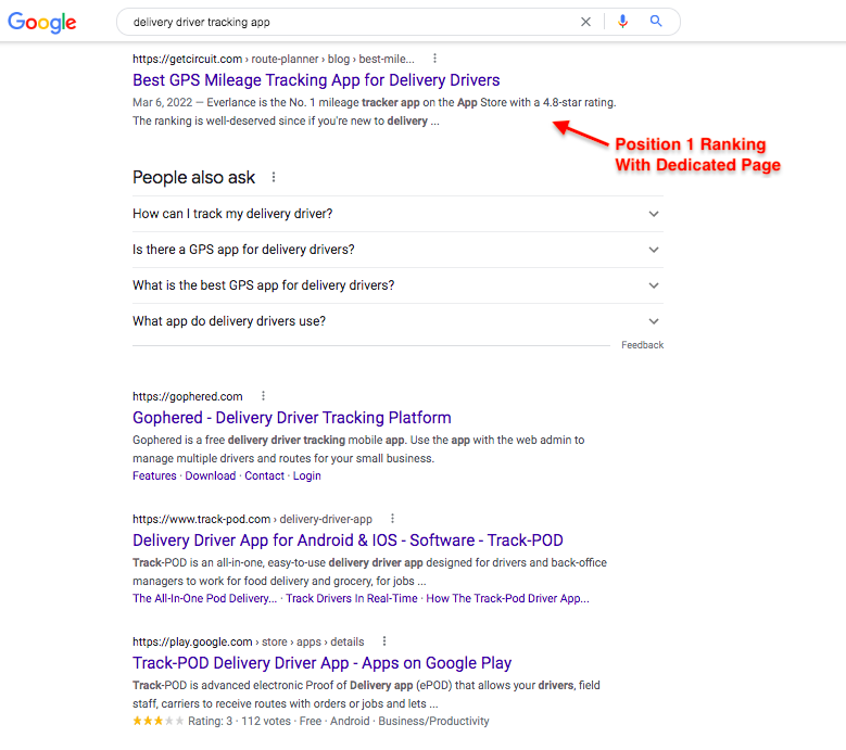 The Google SERPs for "delivery driver tracking app"