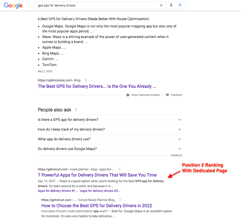 The Google SERPs for "gps app for delivery drivers"