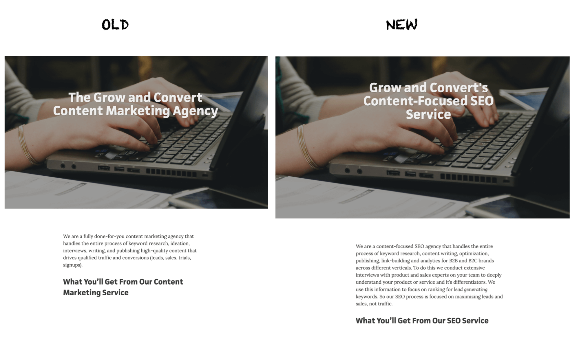 Old vs New "Work With Us" Positioning for Grow and Convert: What You'll Get from Our SEO Service