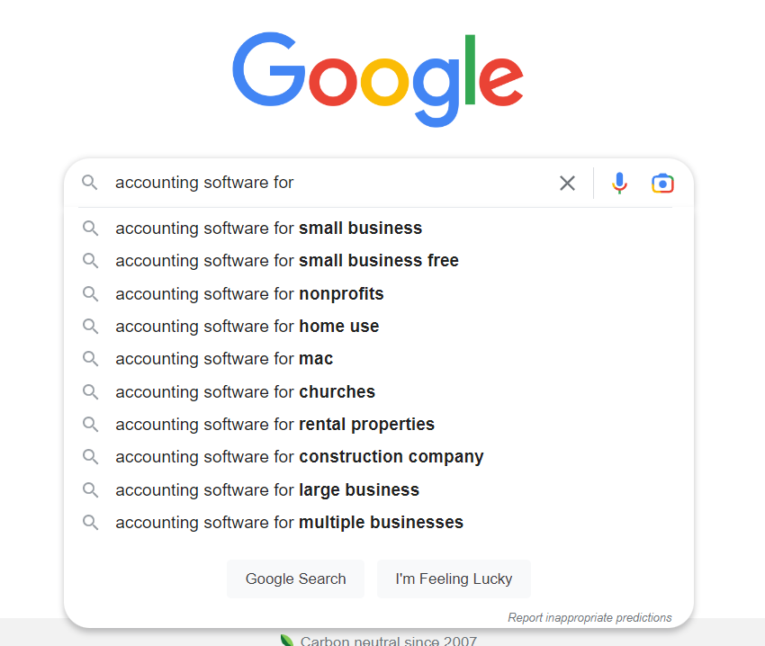 Google dropdown search for 'accounting software for'.