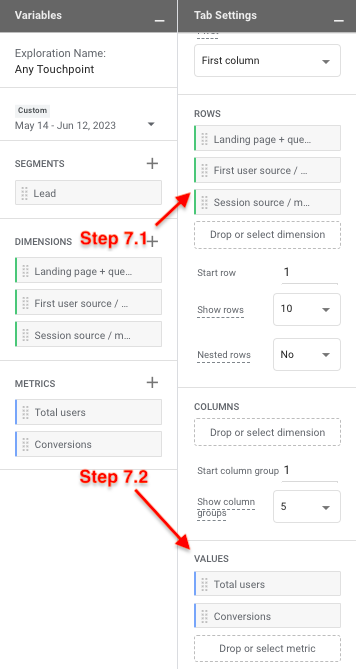 Double click Landing page + query string, First user source / medium, and Session source / medium.