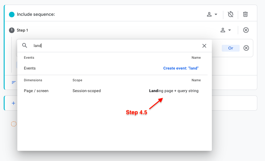 Search and select Landing page + query string from the dropdown menu.