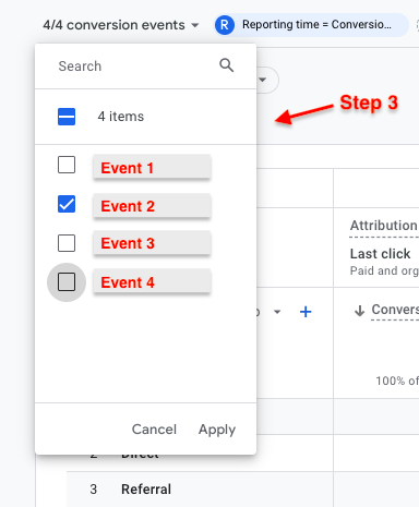 Select the Conversion Events you want to filter for and click Apply.
