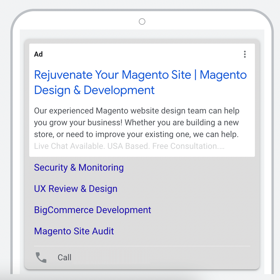 Example of the ad copy targeting "magento web design agency"