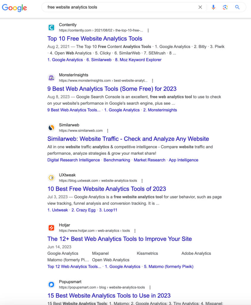 Google SERPs for "free website analytics tools" (Top 6 results)