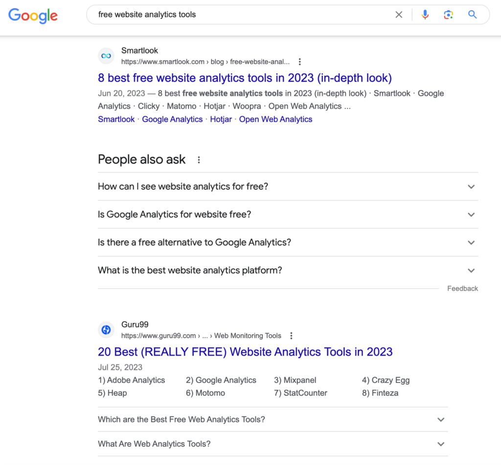 Google SERPs for "free website analytics tools" (First result is Smartlook)