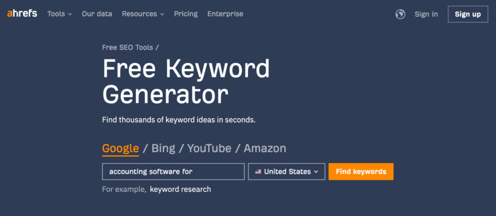 Ahrefs homepage: Free Keyword Generator