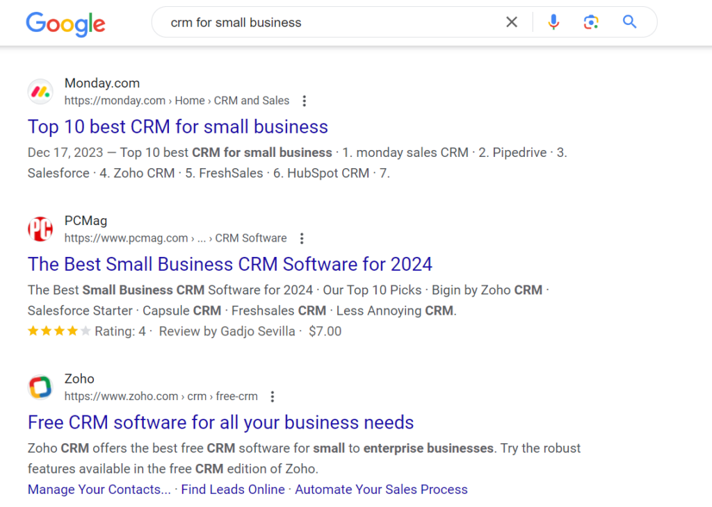Google SERPs: crm for small business
