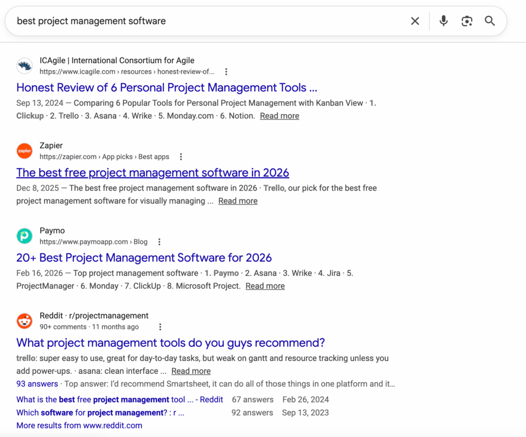 Google SERPs for "best project management software"