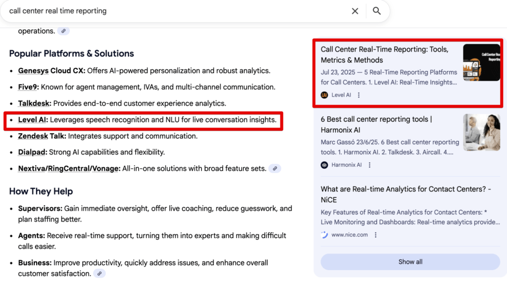 Google AIO: call center real time reporting