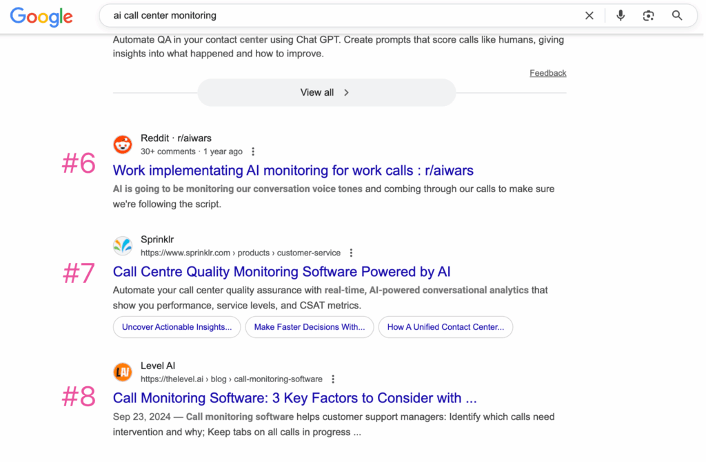 Google SERP: AI call center monitoring
