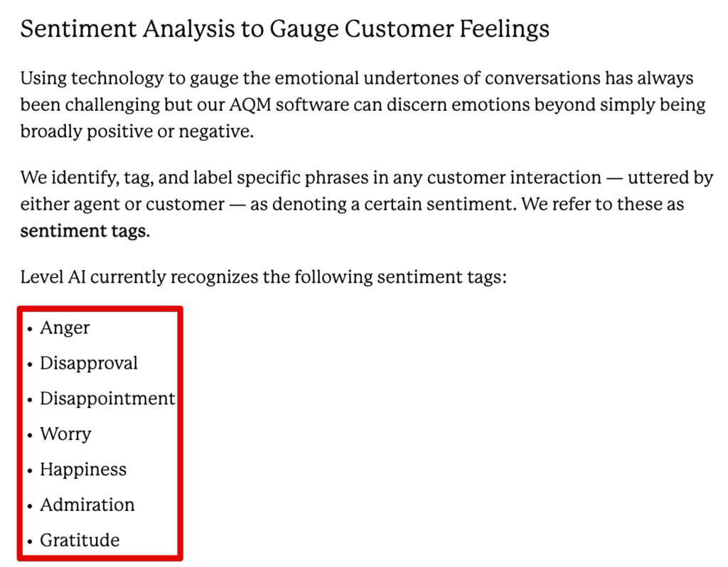 Level AI sentiment analysis to gauge customer feelings: Anger, disappointment, worry, happiness, etc