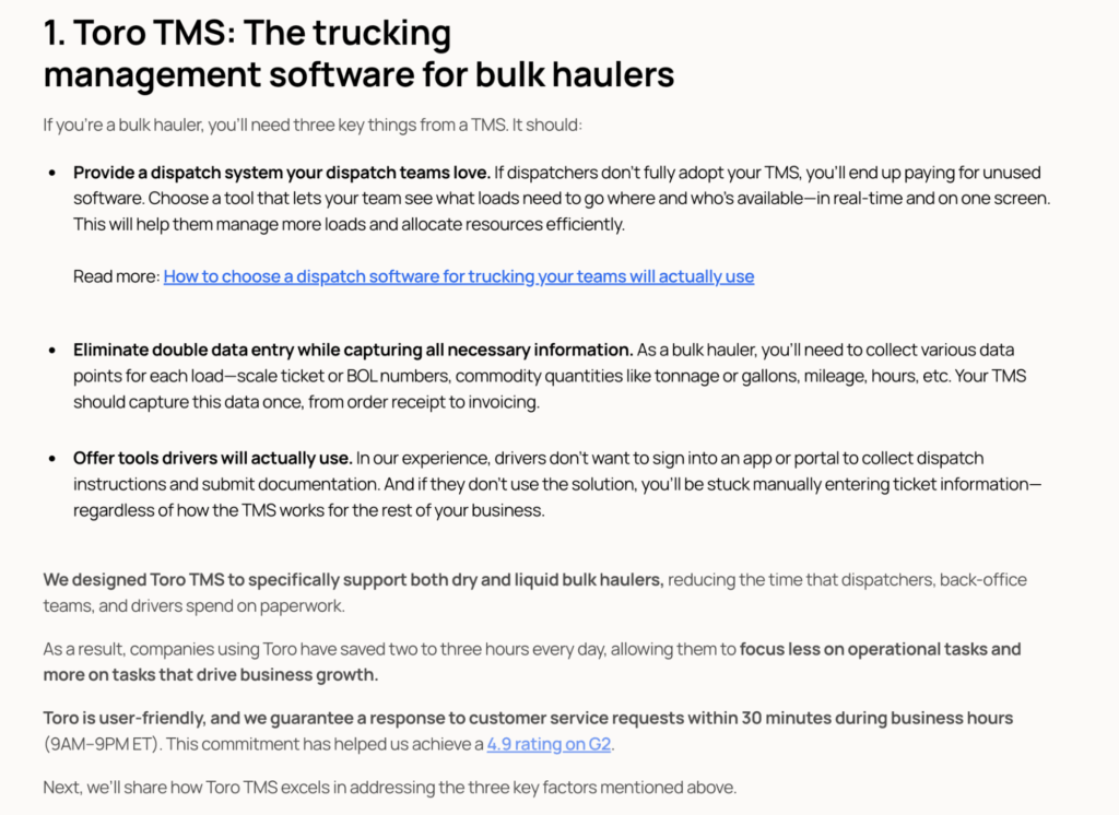 Toro TMS: Trucking Management Software article
