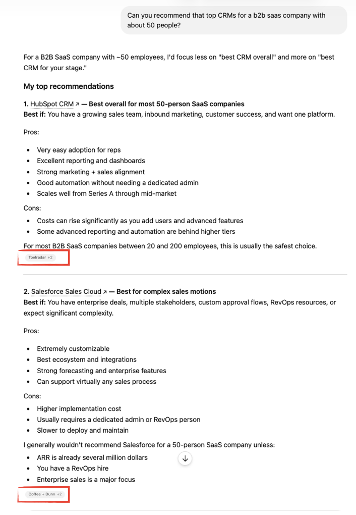 ChatGPT: Can you recommend top CRMs for a B2B SaaS company with about 50 people?